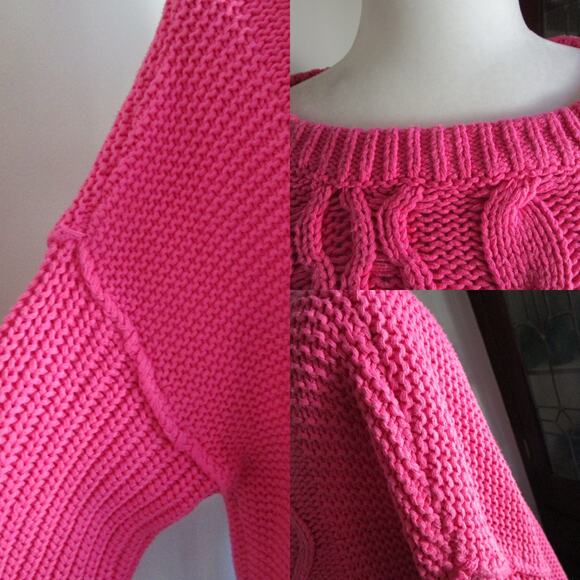 Free People Fuchsia Cozy Cable Knit Sweater S Chunky Cotton Blend Boho Knitwear - Picture 14 of 17